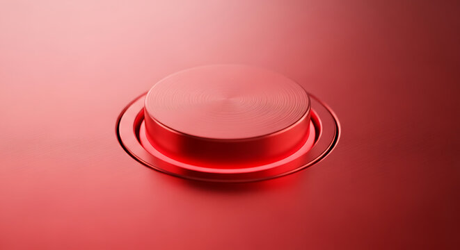 Detailed closeup of a vibrant red reset button being pressed against a crimson metallic surface symbolizing critical hardware maintenance, emergency system restart, and industrial technical support.