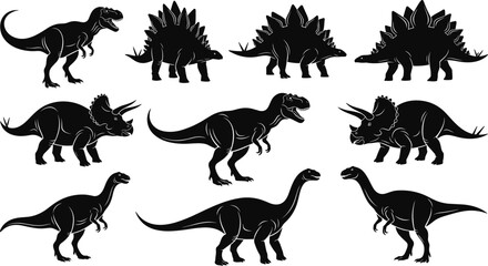 Dinosaur silhouettes collection, black vector illustration set of T rex, triceratops, stegosaurus and sauropod isolated on white background for design © Hello World
