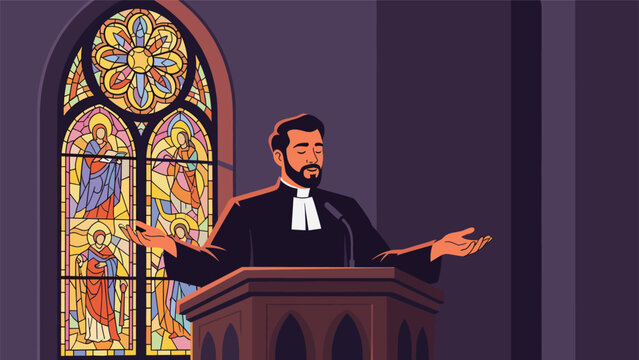 Christian priest in black robes and white collar giving a sermon from a wooden pulpit in front of a stained glass window.