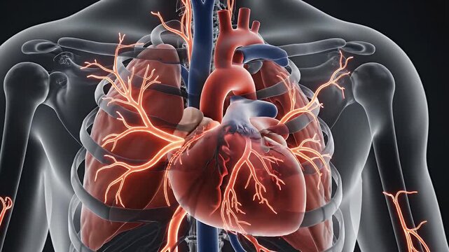 Human Anatomy Heart and Lungs Illustration - This stock video shows a detailed anatomical illustration of the human heart and lungs, clearly depicting the vascular system.