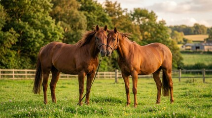 Fototapeta premium Golden evening light on two chestnut horses standing close together in a lush green pasture, framed by trees and fences on a peaceful countryside farm