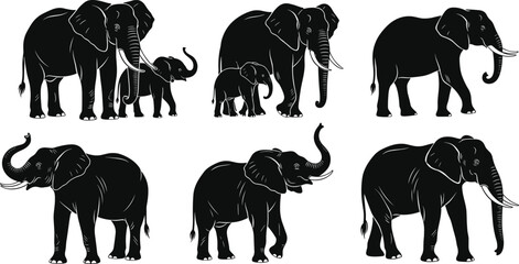 Elephant silhouette vector collection, African elephants with calf in standing and walking poses, black and white wildlife illustration set © Hello World