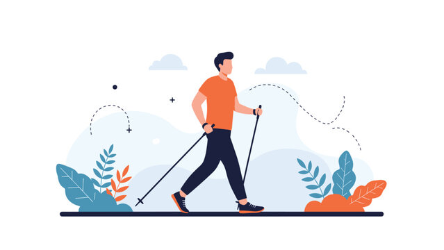 Active man enjoys an outdoor workout practicing Nordic walking with poles on a scenic park pathway with clouds.