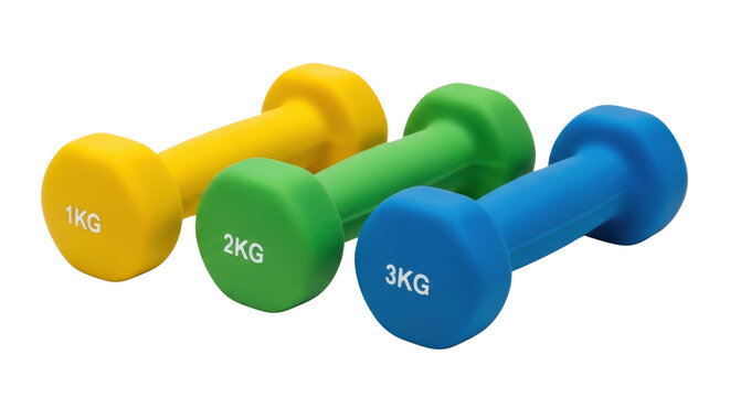 Colorful neoprene dumbbells set, yellow 1kg green 2kg and blue 3kg hand weights, fitness equipment for home workout and strength training isolated PNG with Transparent Background