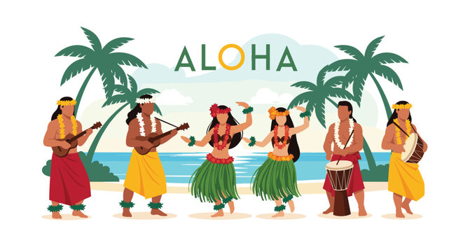 Group of Hawaiian hula dancers and musicians performing on a tropical beach with palm trees and a large Aloha greeting sign.