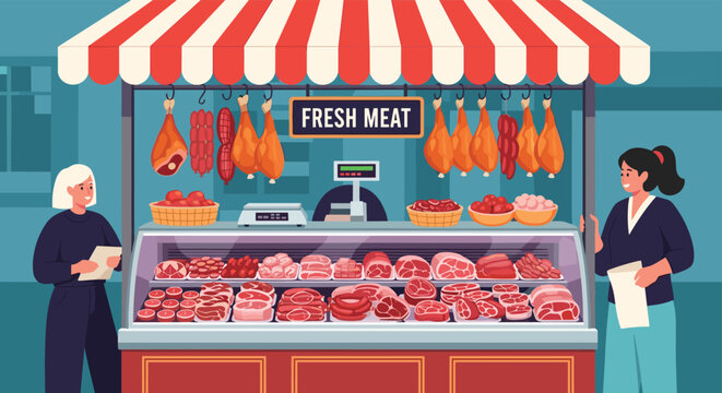 Traditional butcher shop or market stall displaying a wide variety of fresh meat products, sausages, and hams with staff attending.