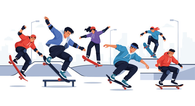 Energetic group of diverse young people performing various impressive skateboarding tricks at a modern urban skate park.