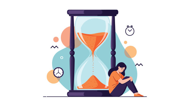 Lonely woman sits sadly next to a giant hourglass as the sand runs out representing lost time or depression.