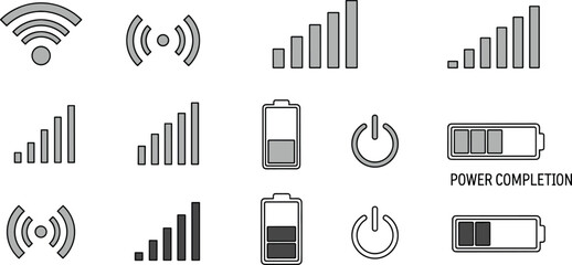 Obraz premium Connectivity and Battery Power Icons Set with Wi-Fi, Signal Strength, and Power Completion.