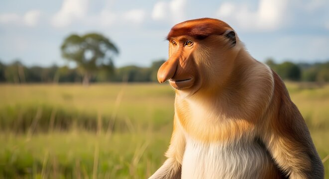 A close-up portrait of a proboscis monkey with its distinctive large nose, sitting in a sunny grassy field with trees in the background.
