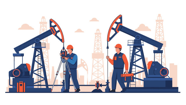 Industrial workers in orange hard hats monitor equipment at an oil field with multiple pumpjacks and drilling rigs in the back.