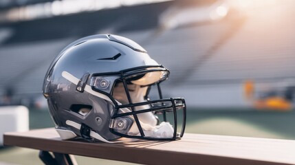 Fototapeta premium gridiron. Football helmet on a bench, capturing the spirit of sports and athletic preparation. event key visuals, club posters, designed for fitness apps and gym onboarding, used by sports marketers. 