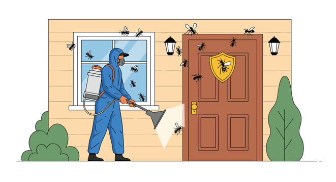 Pest control worker in a protective blue suit and mask spraying the house exterior to eliminate flying insects and pests.