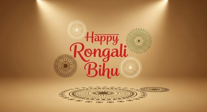 A festive scene wishing happy rongali bihu with decorative circular patterns high quality