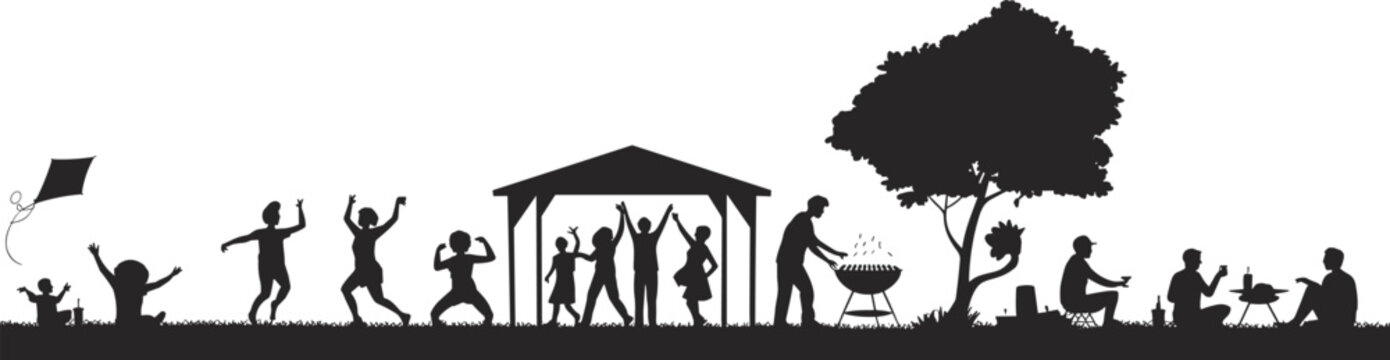 Park leisure silhouette illustration, outdoor community scene with children playing, kite flying, pavilion dancing, barbecue grilling, picnic gathering, festive lifestyle theme, vector art