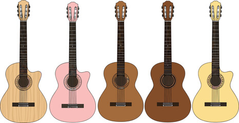 Naklejka premium Acoustic guitar collection in different colors and styles, detailed musical instrument vector illustration for music, performance, and entertainment design