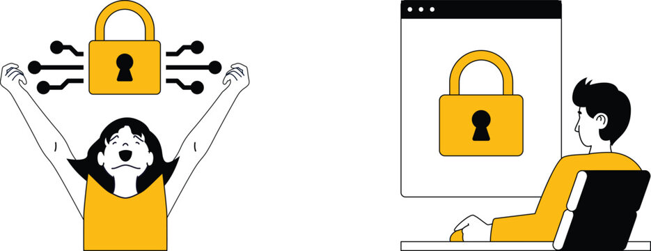Person feeling relieved as another views secure digital lock on computer screen together happily