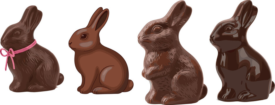 Chocolate Easter bunny set in different styles including cute ribbon bunny and realistic figures, sweet dessert themed vector illustration isolated for holiday design
