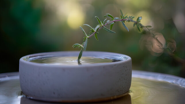 hyssop. A hyssop branch being dipped into a ceramic bowl of clear water. event programs, museum guides, designed for cultural heritage projects and event programs.

