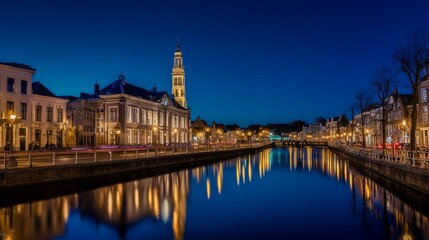 Fototapeta premium exposure. Atmospheric night cityscape with glowing lights reflected in canals and European architecture. travel magazines, destination branding, designed for travel destination branding. 