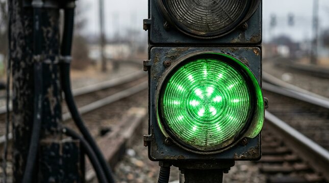 Green Railway Traffic Signal Light Glowing at Night