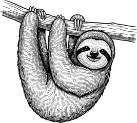 Fototapeta premium Sloth Hanging on Tree Branch Line Art Illustration, Cute Animal Engraving Style