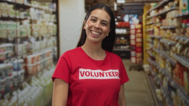Woman pointing finger toward camera in supermarket building aisle, wearing red volunteer shirt and smartwatch, smiling broadly; encouragement.