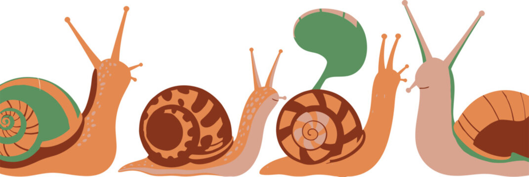 Group of stylized snails with colorful shells in a line, one speaking in a speech bubble