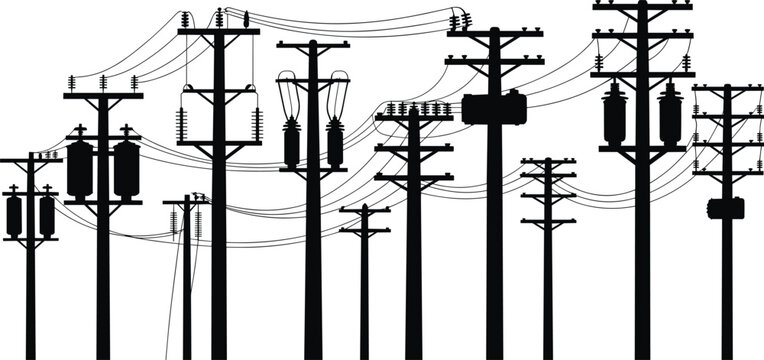 Utility pole silhouette illustration, electrical infrastructure with transformers, insulators, crossarms, and power lines, engineering distribution system theme, vector art, black isolated bold design