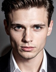Obraz premium Close-up of a fair-skinned individual with light eyes and dark hair, formal attire