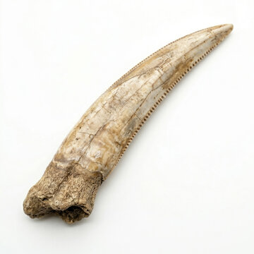 Curved smilodon saber tooth canine fossil isolated on white background PNG