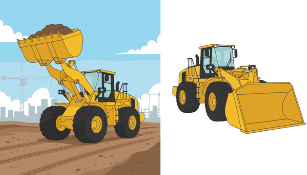 Front end loader and wheel loader with bucket full of earth, heavy construction machinery illustration.