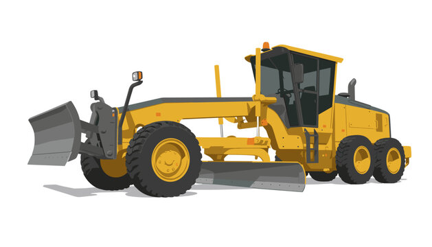 Modern motor grader for road construction and leveling, heavy equipment vector illustration.