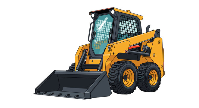 Yellow skid-steer loader, compact construction machinery for various jobs, isolated vector illustration.