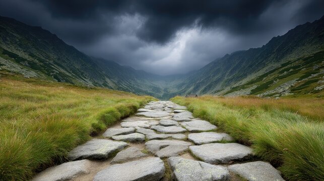 Serene Mountain Valley Pathway Under Dramatic Clouds Offering a Tranquil Hike Experience Amidst Lush Greenery and Stunning Nature Scenery