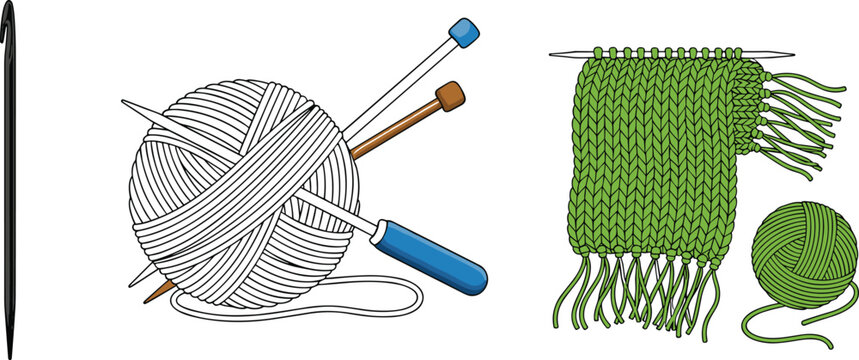 Knitting tools set with crochet hook, yarn ball, needles, and knitted scarf, detailed handmade craft vector illustration for textile hobby and cozy winter design