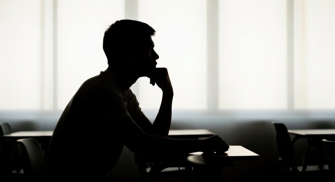 Pensive silhouette of man sitting at desk, thoughtful male student in dark profile against bright window, contemplative person in empty classroom