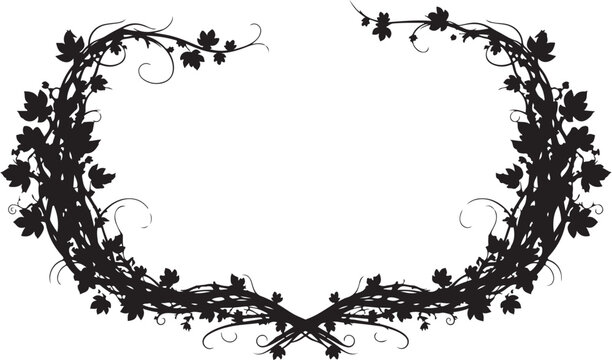 Black floral wreath, leafy border, twig frame, elegant decoration, vector illustration