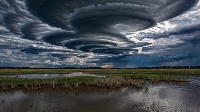 Spiral lenticular cloud above reflective marshland, concentric rings of dark cloud hovering over flooded grass, silver water mirror reflecting dramatic sky, distant treeline on flat horizon, cinematic