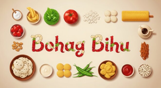 A vibrant flat lay showcasing traditional foods and the text Bohag Bihu