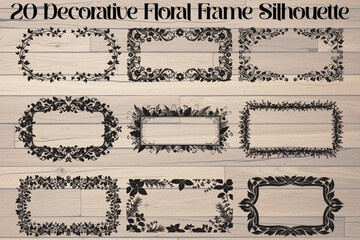 Fototapeta premium 20 Decorative Floral Frame Silhouettes, Ornate Border Templates, Floral Illustration, Black Vector Borders