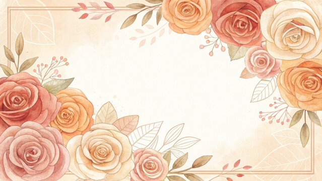 watercolor roses creating a square floral frame background 
