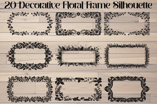 20 Decorative Floral Frame Silhouettes, Ornate Border Templates, Floral Illustration, Black Vector Borders
