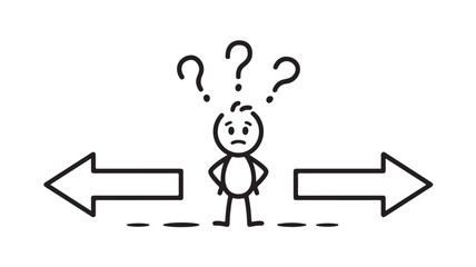 Stick figure person standing between two arrows with question marks For decision making and confusion concepts