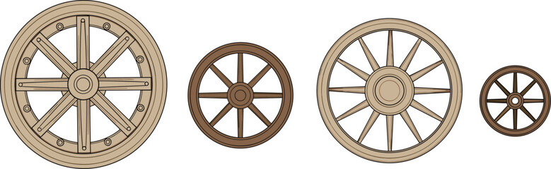 Vintage wooden wagon wheels set in different styles and sizes, rustic transport vector illustration isolated for western, historical, and countryside design themes © MdAbdul