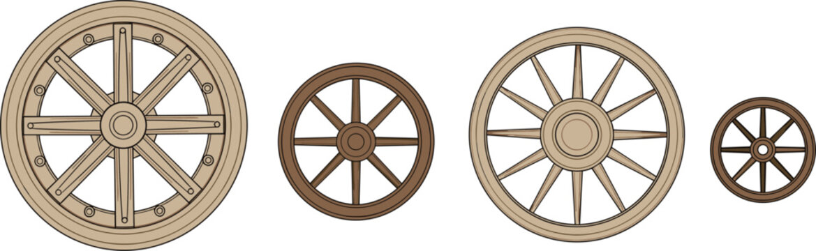 Vintage wooden wagon wheels set in different styles and sizes, rustic transport vector illustration isolated for western, historical, and countryside design themes