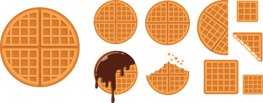 Waffle collection with whole, sliced, and chocolate topped waffles in different shapes, sweet breakfast dessert vector illustration for bakery, cafe, and menu design
