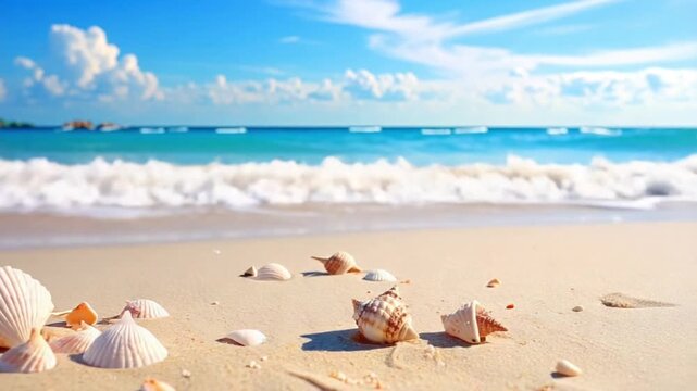 Beautiful seashells on a tropical sandy beach with blue ocean
