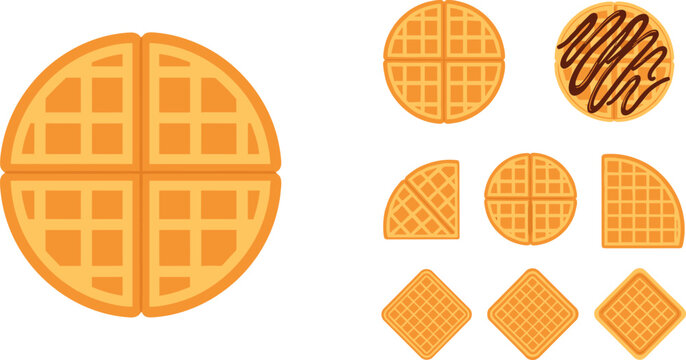 Waffle set with whole round waffle and sliced pieces, sweet breakfast dessert vector illustration with different shapes for bakery menu and food design
