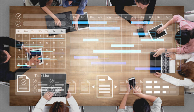 A modern office scene showcasing a collaborative project planning session with diverse tools, calendars, and task lists for effective time management and productivity. Gantry